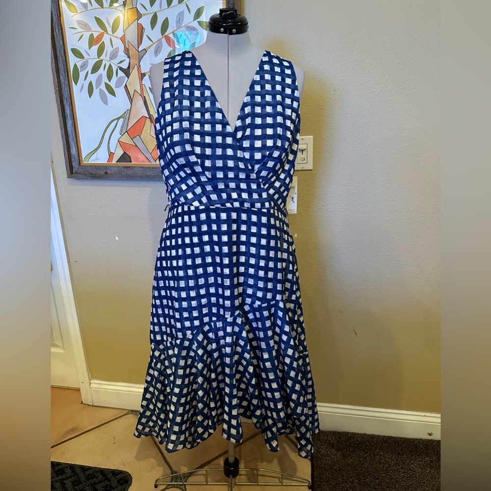 Eliza J gingham blue and white print dress sz 16 (C9)